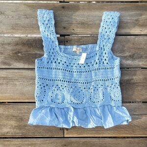 NWT Rebellion Light Blue Crochet Tank Top with Ruffle Hem Medium